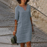 Plus Size Retro Cotton Linen V Neck Boho Dress